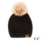 C.C Waffle Stitch Beanie with Faux Fur Pom – Black, Coco Berry, Ivory, Burgundy, Moss, Purple, Red, Winter Mint