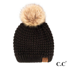 C.C Waffle Stitch Beanie with Faux Fur Pom – Black, Coco Berry, Ivory, Burgundy, Moss, Purple, Red, Winter Mint