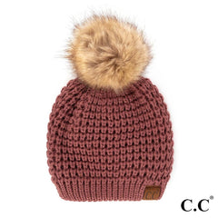 C.C Waffle Stitch Beanie with Faux Fur Pom – Black, Coco Berry, Ivory, Burgundy, Moss, Purple, Red, Winter Mint