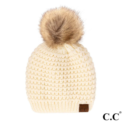 C.C Waffle Stitch Beanie with Faux Fur Pom – Black, Coco Berry, Ivory, Burgundy, Moss, Purple, Red, Winter Mint