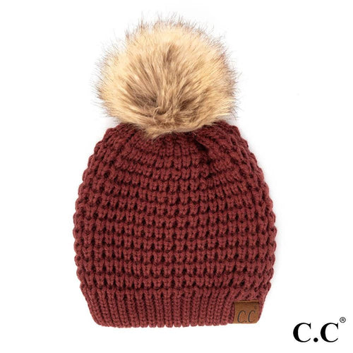 C.C Waffle Stitch Beanie with Faux Fur Pom – Black, Coco Berry, Ivory, Burgundy, Moss, Purple, Red, Winter Mint