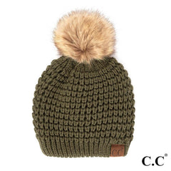 C.C Waffle Stitch Beanie with Faux Fur Pom – Black, Coco Berry, Ivory, Burgundy, Moss, Purple, Red, Winter Mint