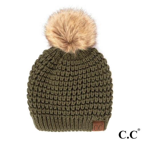 C.C Waffle Stitch Beanie with Faux Fur Pom – Black, Coco Berry, Ivory, Burgundy, Moss, Purple, Red, Winter Mint