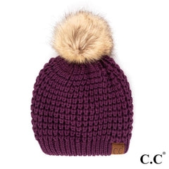 C.C Waffle Stitch Beanie with Faux Fur Pom – Black, Coco Berry, Ivory, Burgundy, Moss, Purple, Red, Winter Mint