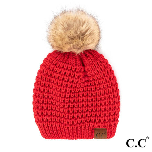 C.C Waffle Stitch Beanie with Faux Fur Pom – Black, Coco Berry, Ivory, Burgundy, Moss, Purple, Red, Winter Mint