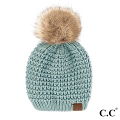 C.C Waffle Stitch Beanie with Faux Fur Pom – Black, Coco Berry, Ivory, Burgundy, Moss, Purple, Red, Winter Mint