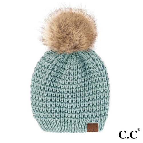 C.C Waffle Stitch Beanie with Faux Fur Pom – Black, Coco Berry, Ivory, Burgundy, Moss, Purple, Red, Winter Mint