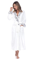 White plush robe with leopard trim full front view