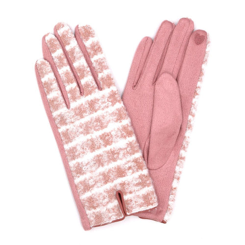 Pink and white fuzzy plaid faux suede touchscreen gloves