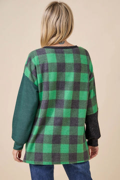 Cozy Plaid Sparkle V-Neck Tunic — Red or Green