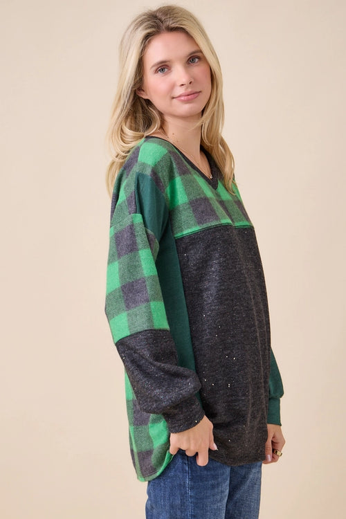 Cozy Plaid Sparkle V-Neck Tunic — Red or Green
