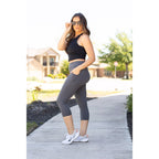 Julia Rose The Dani charcoal capri leggings with pockets, Women wearing charcoal capri pocket leggings