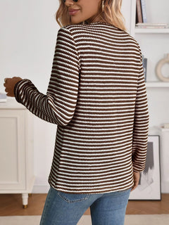 Brown Striped Button Detail Long Sleeve Top – long sleeve striped knit