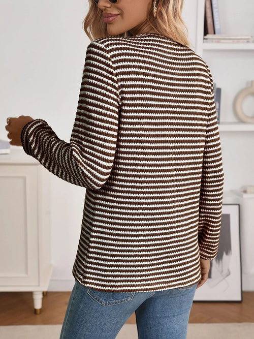 Brown Striped Button Detail Long Sleeve Top – long sleeve striped knit