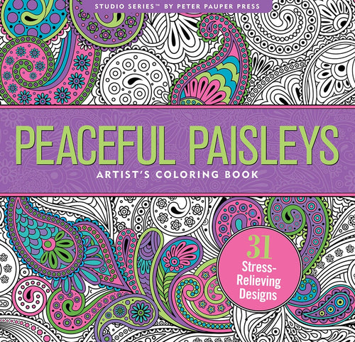 Coloring book cover titled 'Peaceful Paisleys' with paisley patterns and a purple banner.
