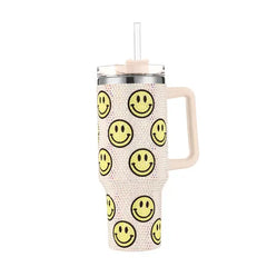 White rhinestone 40oz tumbler with yellow smiley faces, handle and straw