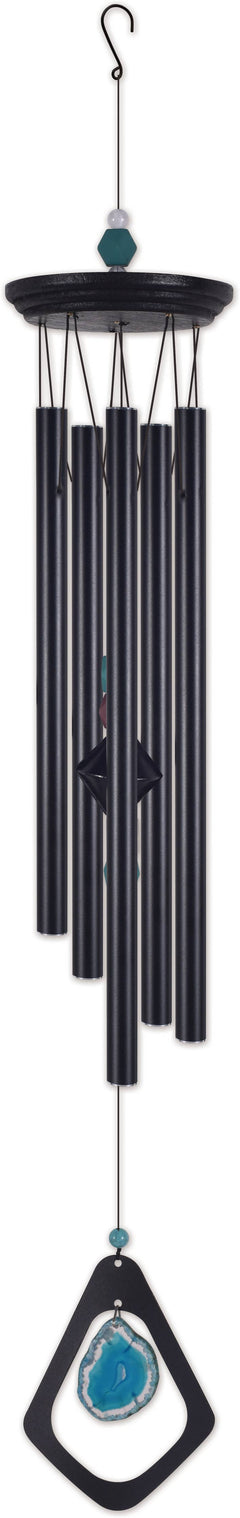 Mystic Blue Agate wind chime with black aluminum chimes, natural blue agate stone, and hanging hook.