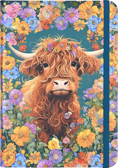 Notebook cover with a highland cow surrounded by colorful flowers