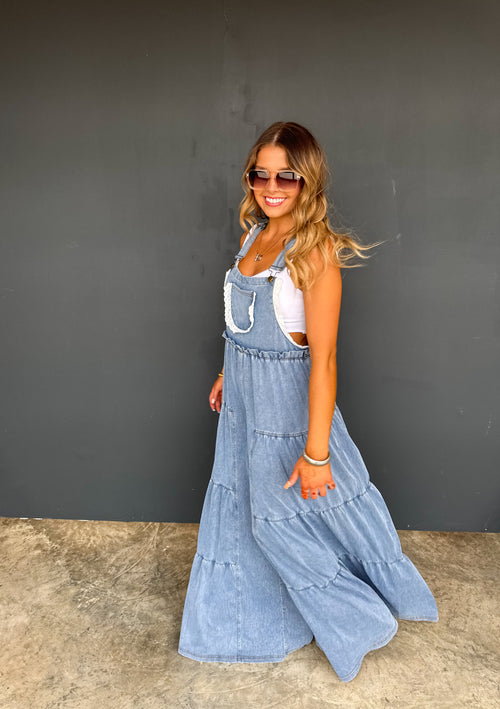 Blakeley Stretchy Tiered Denim Overalls with Lace Trim