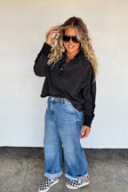 Longer Length Marley Snap Button Sweatshirt – Vintage Black, Magenta, Rust & Grey