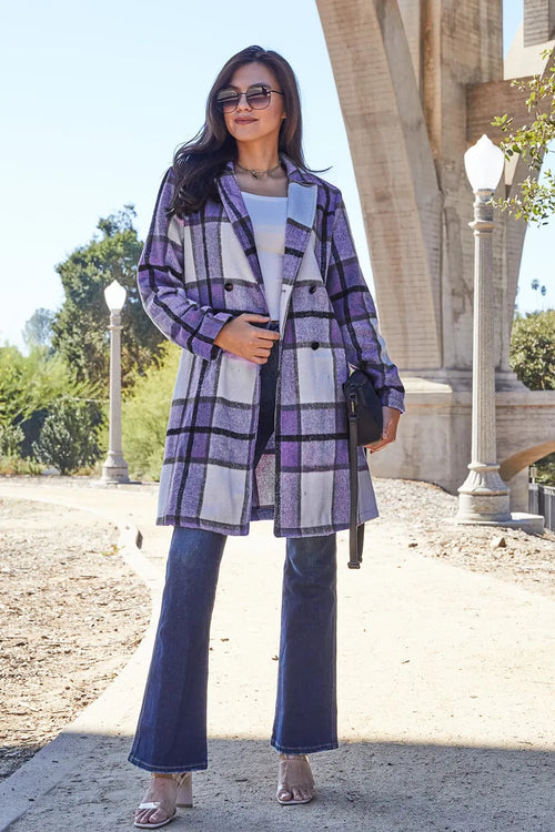 Double Take Full Size Plaid Button Up Lapel Collar Coat | Sizes Small - 3XL