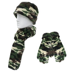 A fleece winter hat, scarf, and gloves set in a green camouflage pattern, displayed on a white mannequin head and a pair of hands against a plain white background.