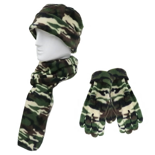 A fleece winter hat, scarf, and gloves set in a green camouflage pattern, displayed on a white mannequin head and a pair of hands against a plain white background.