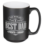 Black and white Best Dad ceramic mug with Joshua 1:9 inspired Strength and Courage design.