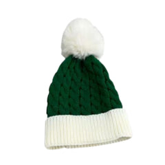 A dark green and white knit beanie hat with a fluffy white pom-pom on top, shown against a plain white background.