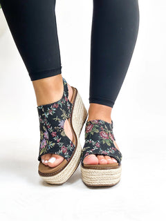 Corkys Floral Dreams Platform Wedge – Black or Rust Braided Espadrille Sandals (Sizes 7–11)