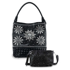 Front view of a black tall hobo bag with large rhinestone daisy patterns and a matching small rhinestone crossbody bag in front.
