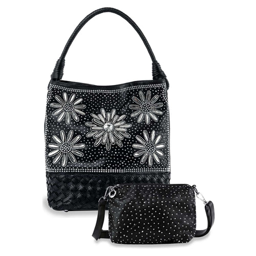 Front view of a black tall hobo bag with large rhinestone daisy patterns and a matching small rhinestone crossbody bag in front.