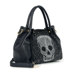 Side view of black rhinestone skull handbag with detachable strap