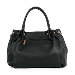 Back view of black handbag with zip pocket and gold-tone hardware