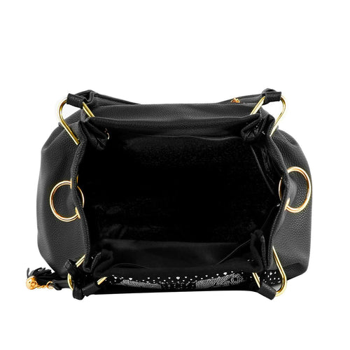 Black rhinestone skull handbag shown open with lined interior