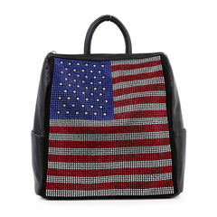 Front view of a black rhinestone backpack featuring a red white and blue American flag design.