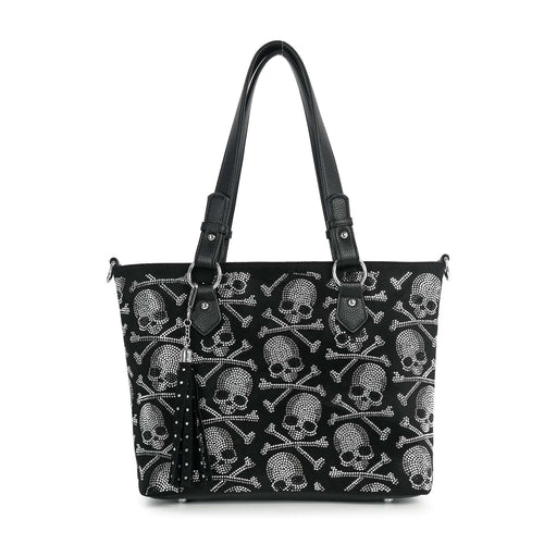 Midnight Bling Skull Rhinestone Tote Handbag