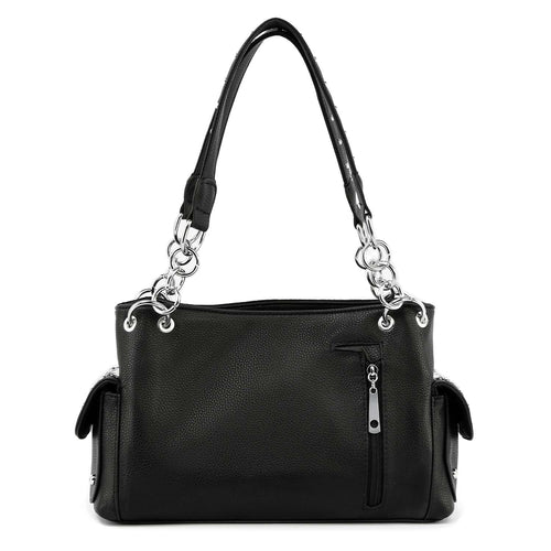 Back view of black handbag with zip pocket