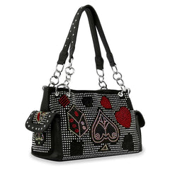 Side view of black handbag with silver-tone hardware and rhinestone card detail