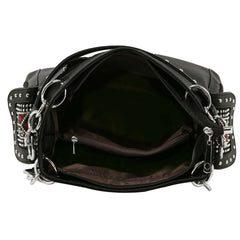 Black rhinestone handbag shown open with lined interior