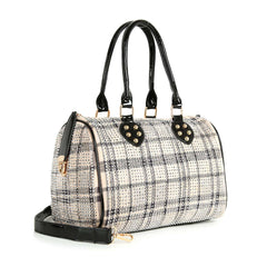 Beige rhinestone plaid satchel handbag with black handles and detachable strap