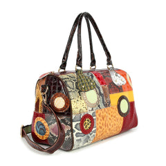 Unique patchwork genuine leather satchel angled side view with detachable strap