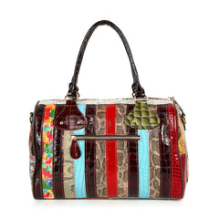 Unique patchwork genuine leather satchel back view with zipper pocket and colorful patchwork design