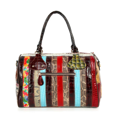 Unique patchwork genuine leather satchel back view with zipper pocket and colorful patchwork design