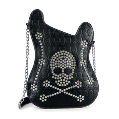 Black handbag with skull design and chain strap on a white background