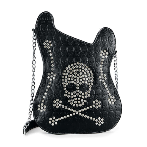 Black handbag with skull design and chain strap on a white background