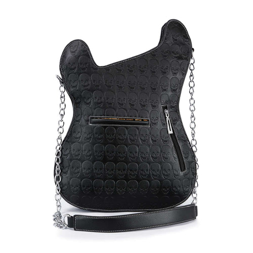 Black guitar-shaped bag with skull pattern on a white background