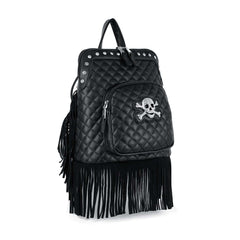 Fringed Skull Quilted Fashion Backpack - Black Vegan Leather