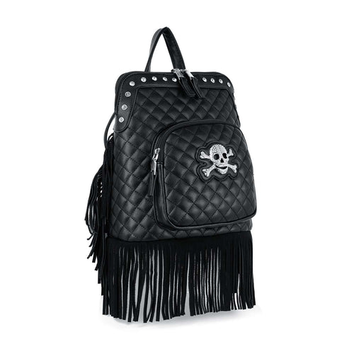 Fringed Skull Quilted Fashion Backpack - Black Vegan Leather