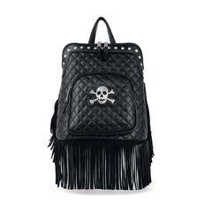 Fringed Skull Quilted Fashion Backpack - Black Vegan Leather